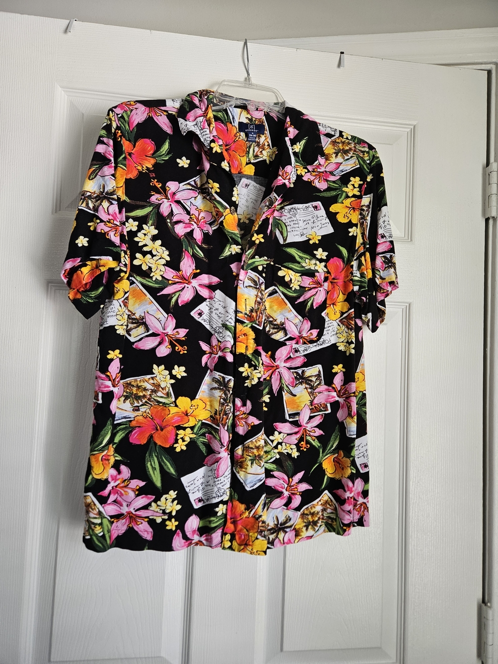 George Black Tropical Hawaiian Shirt with Pink & Yellow Flowers